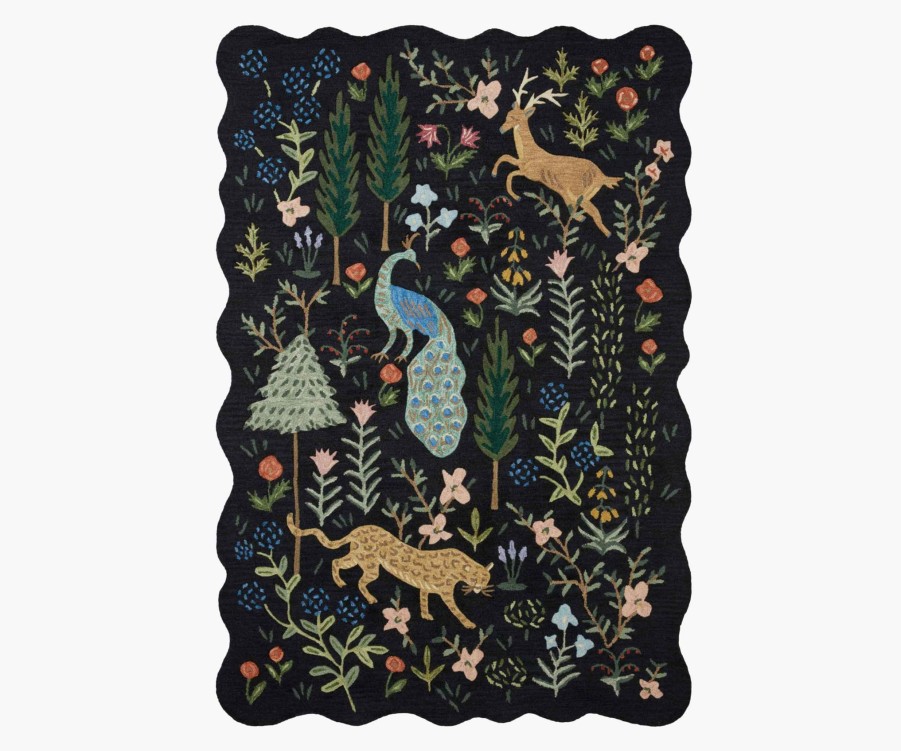 Home RIFLE PAPER Co. Statement | Menagerie Wool-Hooked Rug|Silhouette Menagerie Black Rug