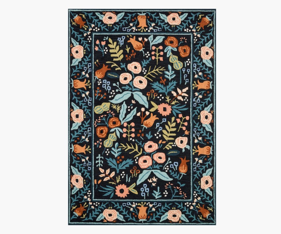 Home RIFLE PAPER Co. Statement | Les Fleurs Lourdes Black Wool-Hooked Rug|Les Fleurs Lourdes Black Wool-Hooked Rug