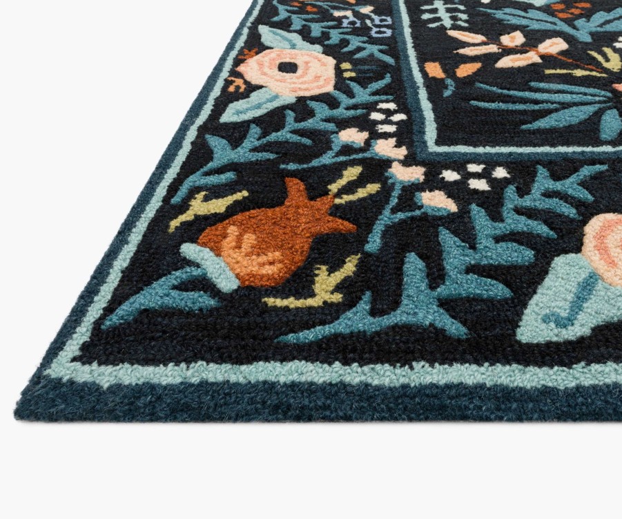 Home RIFLE PAPER Co. Statement | Les Fleurs Lourdes Black Wool-Hooked Rug|Les Fleurs Lourdes Black Wool-Hooked Rug