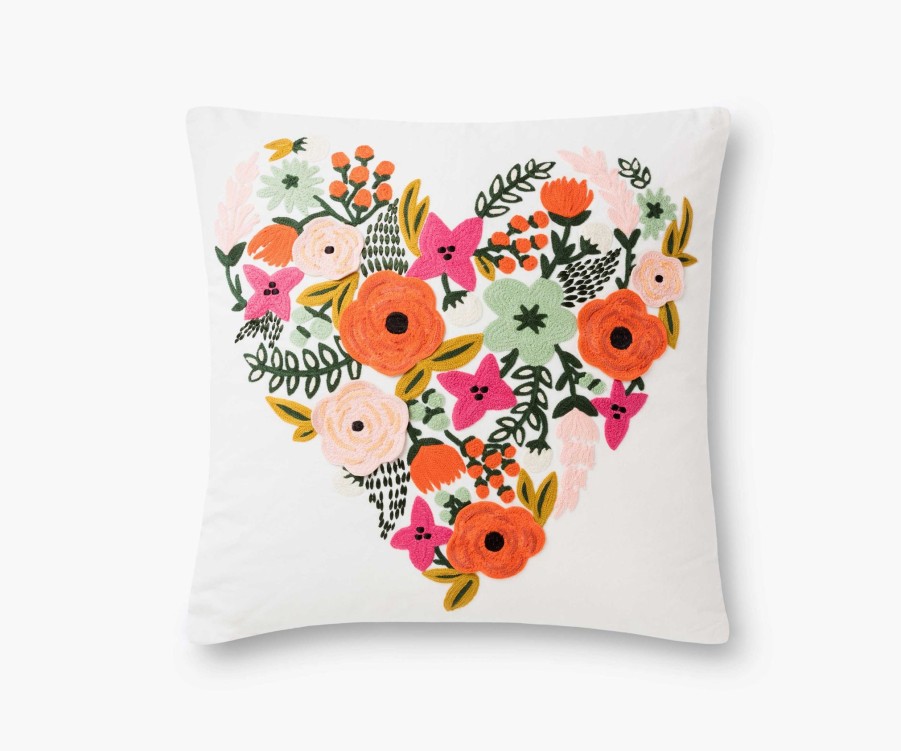 Home RIFLE PAPER Co. Floral | Floral Heart Embroidered Pillow|Floral Heart Embroidered Pillow-Ivory