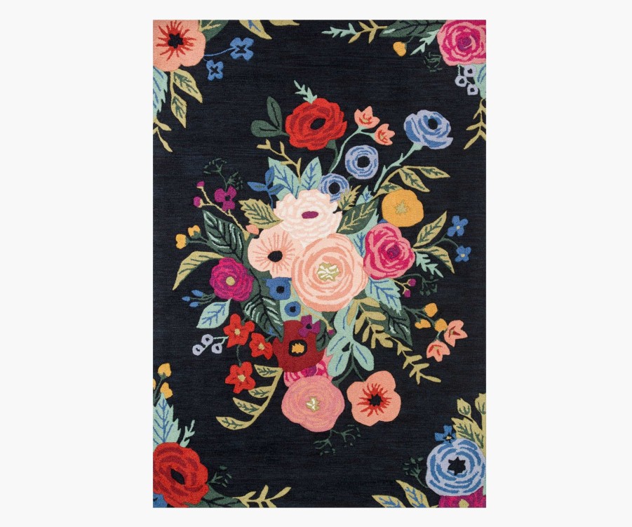 Home RIFLE PAPER Co. Statement | Les Fleurs Juliet Rose Bouquet Black Wool-Hooked Rug|Les Fleurs Juliet Rose Bouquet Black Wool-Hooked Rug