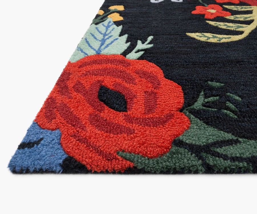 Home RIFLE PAPER Co. Statement | Les Fleurs Juliet Rose Bouquet Black Wool-Hooked Rug|Les Fleurs Juliet Rose Bouquet Black Wool-Hooked Rug