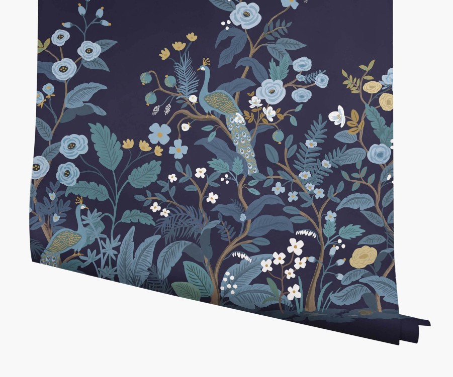 Home RIFLE PAPER Co. Murals | Peacock Wallpaper Mural|Peacock Navy Wallpaper Mural