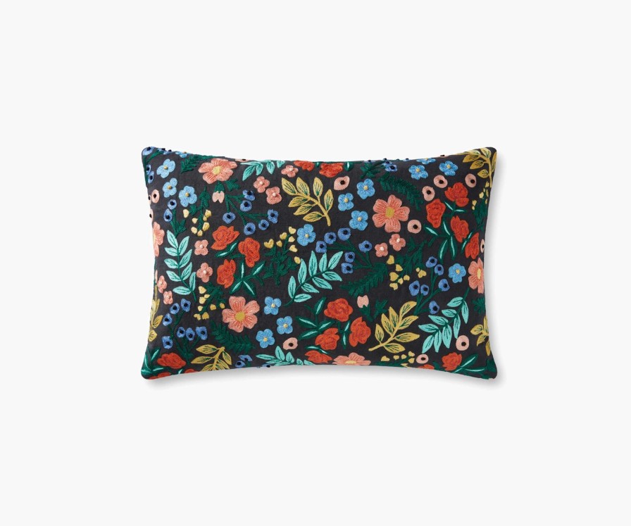 Home RIFLE PAPER Co. Floral | Wildwood Garden Embroidered Lumbar Pillow|Wildwood Garden Black Embroidered Lumbar Pillow