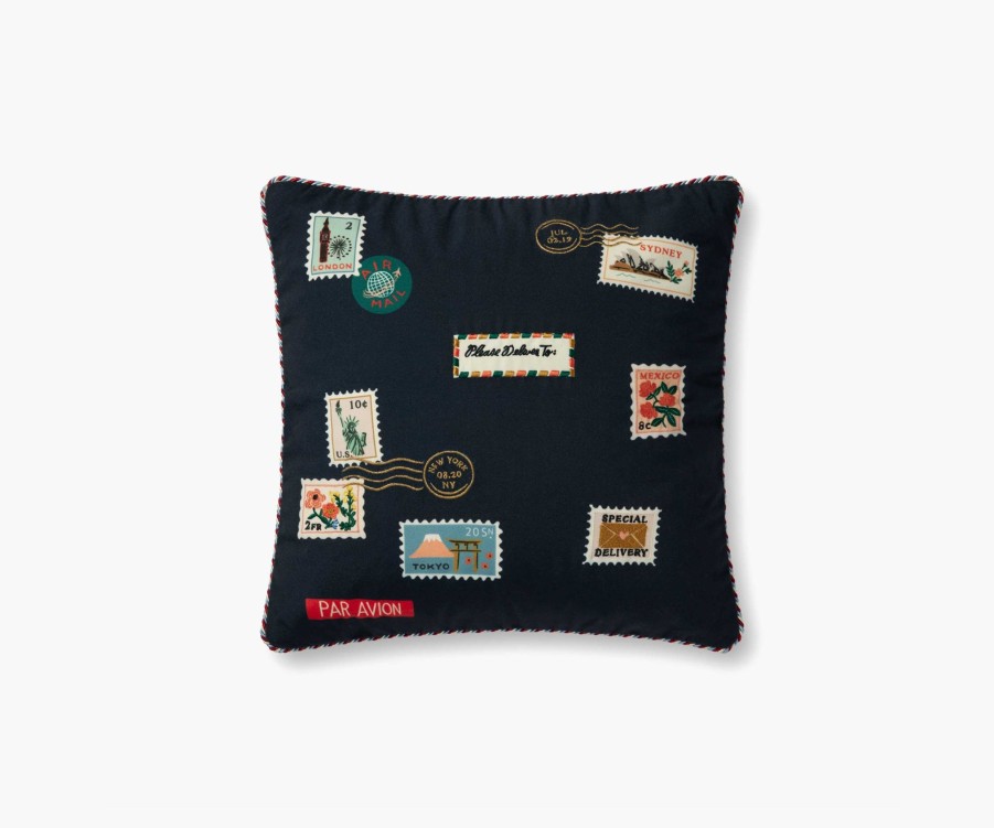 Home RIFLE PAPER Co. Figurative | Postage Stamps Embroidered Pillow|Postage Stamps Navy Embroidered Pillow