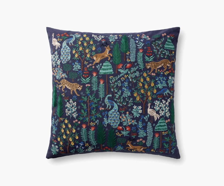 Home RIFLE PAPER Co. Floral | Menagerie Forest Embroidered Pillow|Menagerie Forest Embroidered Pillow-Navy