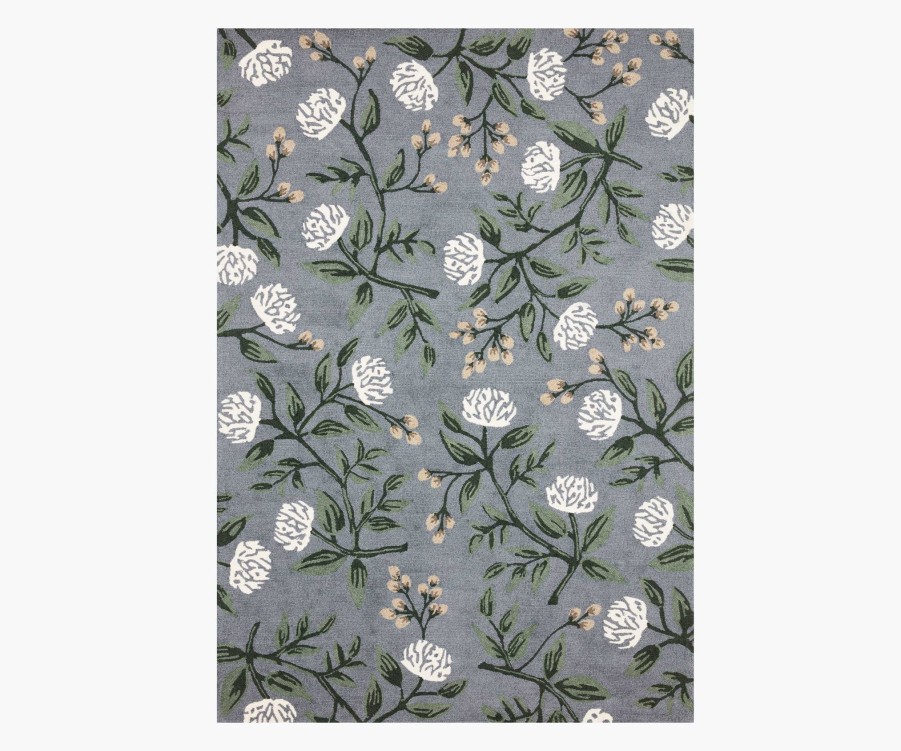 Home RIFLE PAPER Co. Statement | Joie Peonies Dusty Blue Wool-Hooked Rug|Joie Peonies Dusty Blue Wool-Hooked Rug