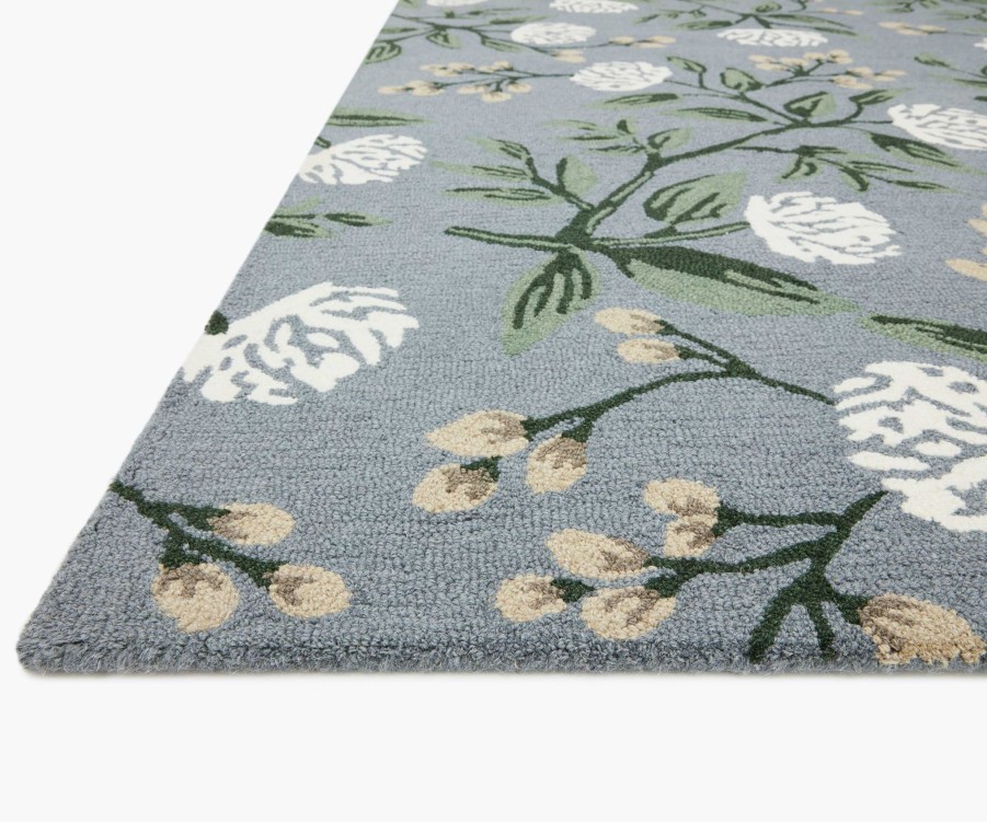 Home RIFLE PAPER Co. Statement | Joie Peonies Dusty Blue Wool-Hooked Rug|Joie Peonies Dusty Blue Wool-Hooked Rug