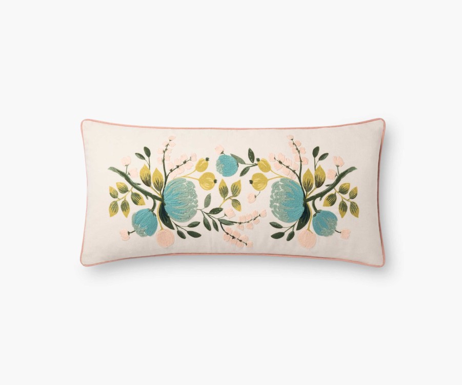 Home RIFLE PAPER Co. Floral | Botanical Embroidered Lumbar Pillow|Botanical Embroidered Pillow-Blue