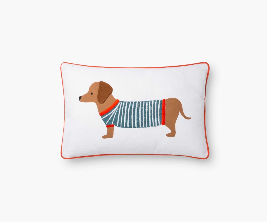 Home RIFLE PAPER Co. Figurative | Dachshund Embroidered Pillow|Dachshund Embroidered Pillow-White