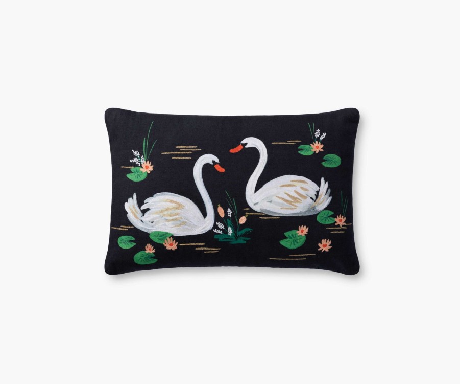 Home RIFLE PAPER Co. Figurative | Swans Embroidered Pillow|Swans Embroidered Pillow-Black Multi