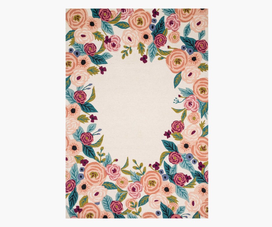 Home RIFLE PAPER Co. Statement | Les Fleurs Juliet Rose Wreath Ivory Wool-Hooked Rug|Les Fleurs Juliet Rose Wreath Ivory Wool-Hooked Rug